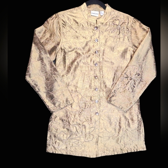Chico's Tops - Chico's Metallic Gold 100% Silk Embroidered And Beaded Top Size 0 (S/M)